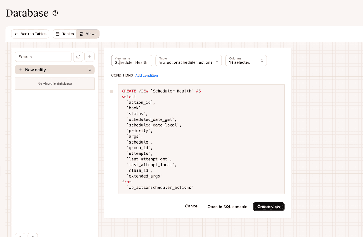MyKinsta's Database Studio Views screen showing a new view being created.