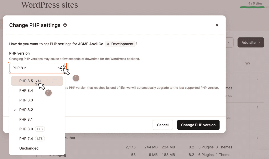 Screenshot of the PHP settings dialog in MyKinsta with PHP 8.5 selected.