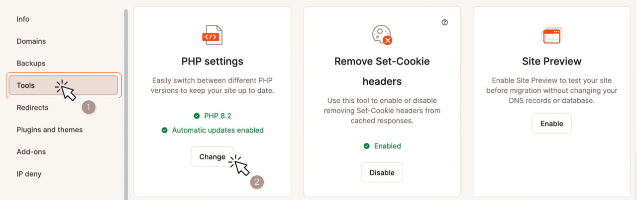 Screenshot showing the MyKinsta Tools menu and the PHP settings option.